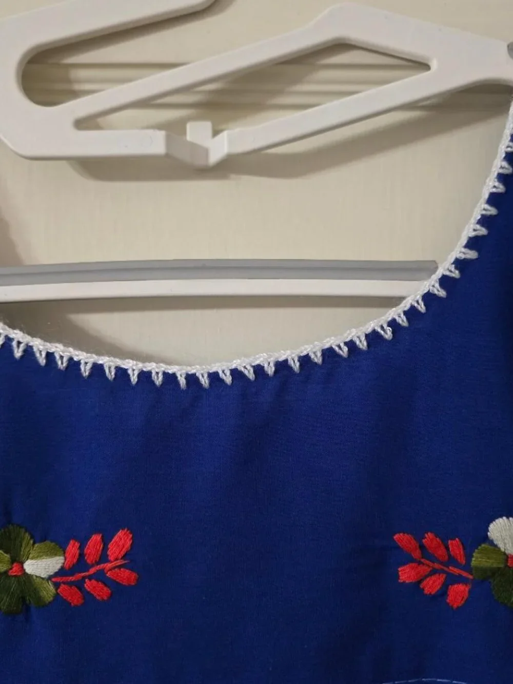 L Traditional Mexican Multi Floral Embroidery Dress in Cobalt Blue Cap Sleeve